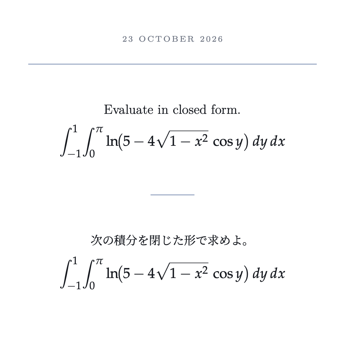 Card: A logarithmic double integral with a hidden geometry
