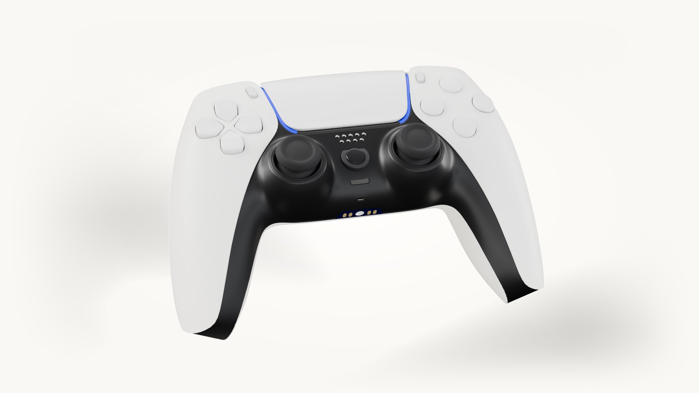 A white and black game controller seen from above on the side you hold it, with two thumbsticks, a touchpad edged by a blue light bar, a directional pad and four face buttons without symbols.