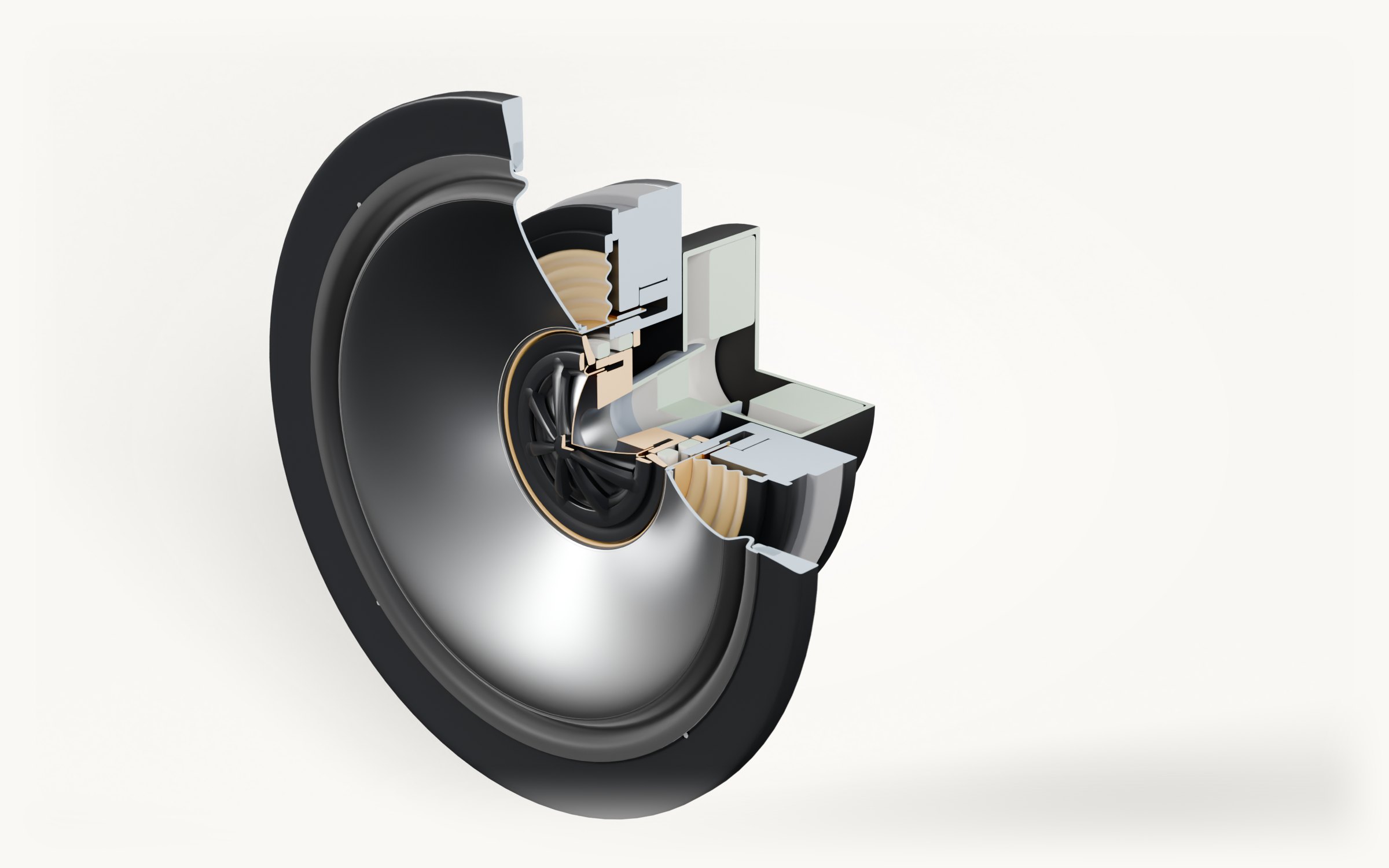 A coaxial loudspeaker driver with a quarter cut away, showing the tweeter dome at the centre of a silver midrange cone, the copper voice coils, magnets and the rear chamber in section.