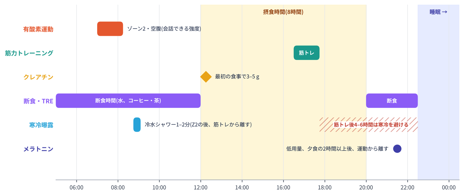 摂食時間、運動、寒冷、メラトニンのタイミングを介入ごとの行で示した一日の時間軸