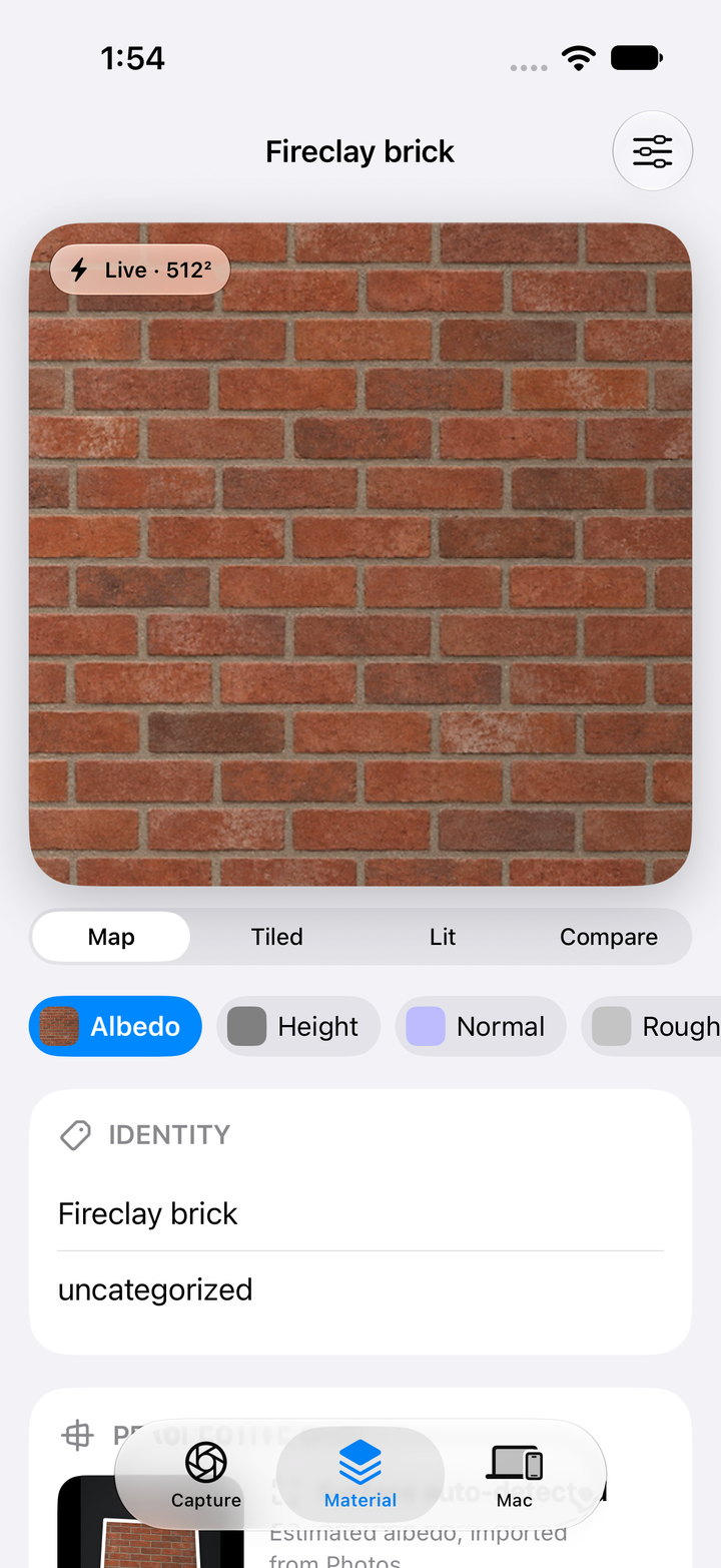 The iOS app reviewing a fireclay brick capture: a live 512 squared albedo preview, a segmented control for map, tiled, lit and compare modes, chips for each map, and an identity card below.
