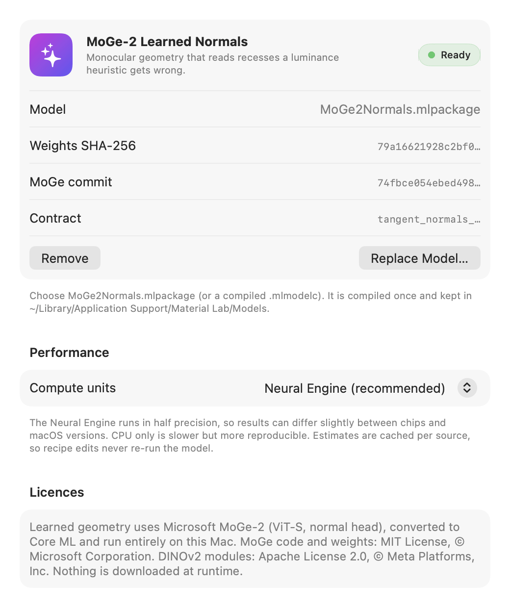 The Learned Geometry settings pane in the macOS app, showing the MoGe-2 model as ready, its weights hash, source commit and contract, a compute units menu set to Neural Engine, and the licence text.