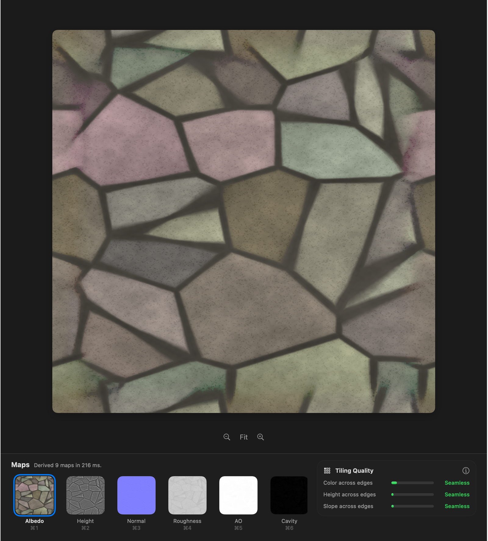 The macOS app in dark mode showing a weathered flagstone albedo on the canvas, with a map strip beneath it listing albedo, height, normal, roughness, AO and cavity, and a tiling quality card reporting colour, height and slope as seamless across the edges.