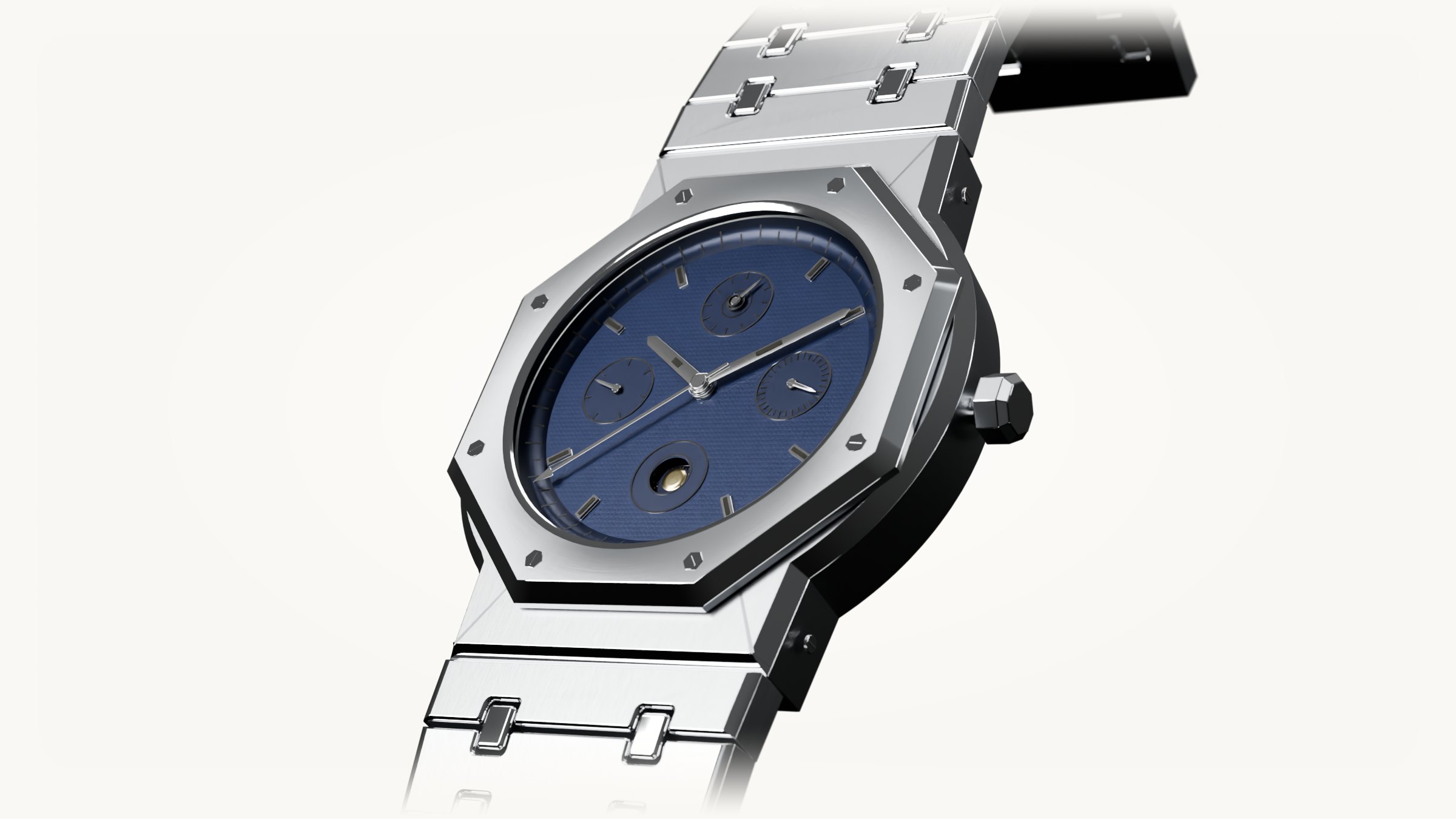 A 41 mm steel perpetual calendar watch with an octagonal bezel, eight hexagonal screws, a blue dial with three sub-dials and a moon window, hands at ten past ten, on an integrated steel bracelet.
