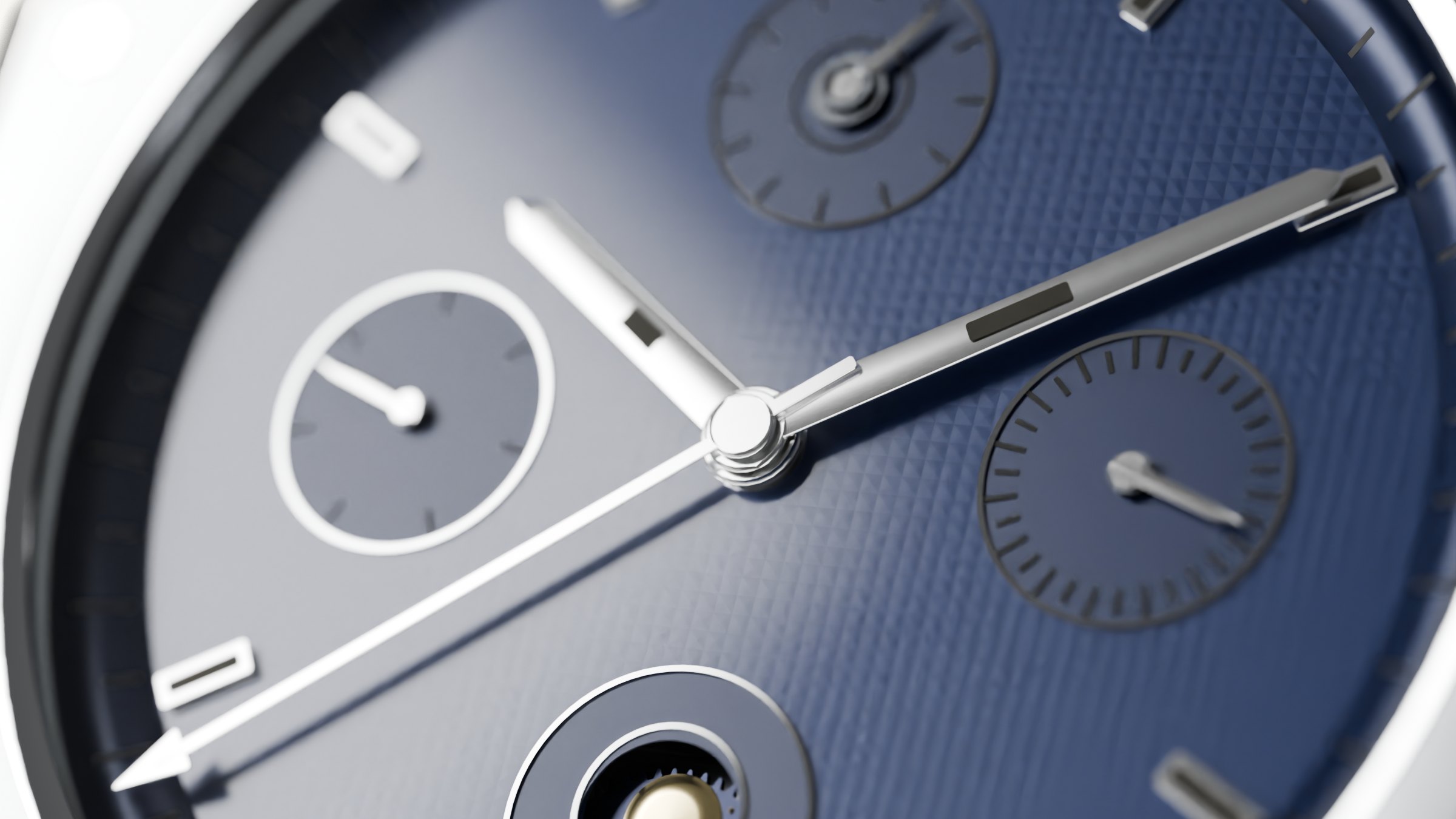 Close-up of the blue dial: a fine engraved grid, sub-dials with blank tick marks, polished baton hands and the moon window, with shallow focus.