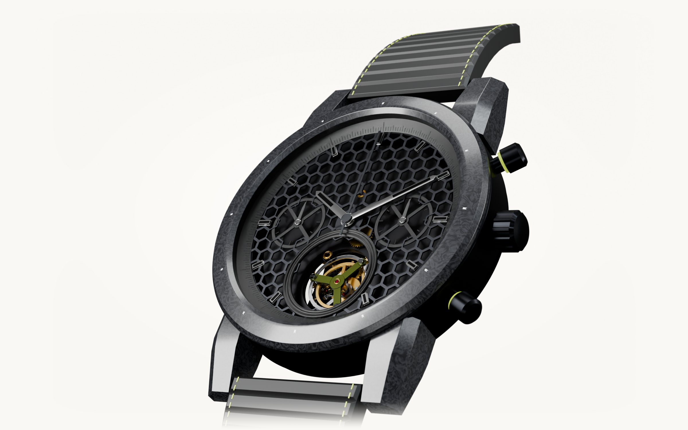 A 45 mm black chronograph with a forged-carbon bezel and lime accents, hands at ten past ten, a honeycomb skeleton dial and a tourbillon cage in an aperture at six.