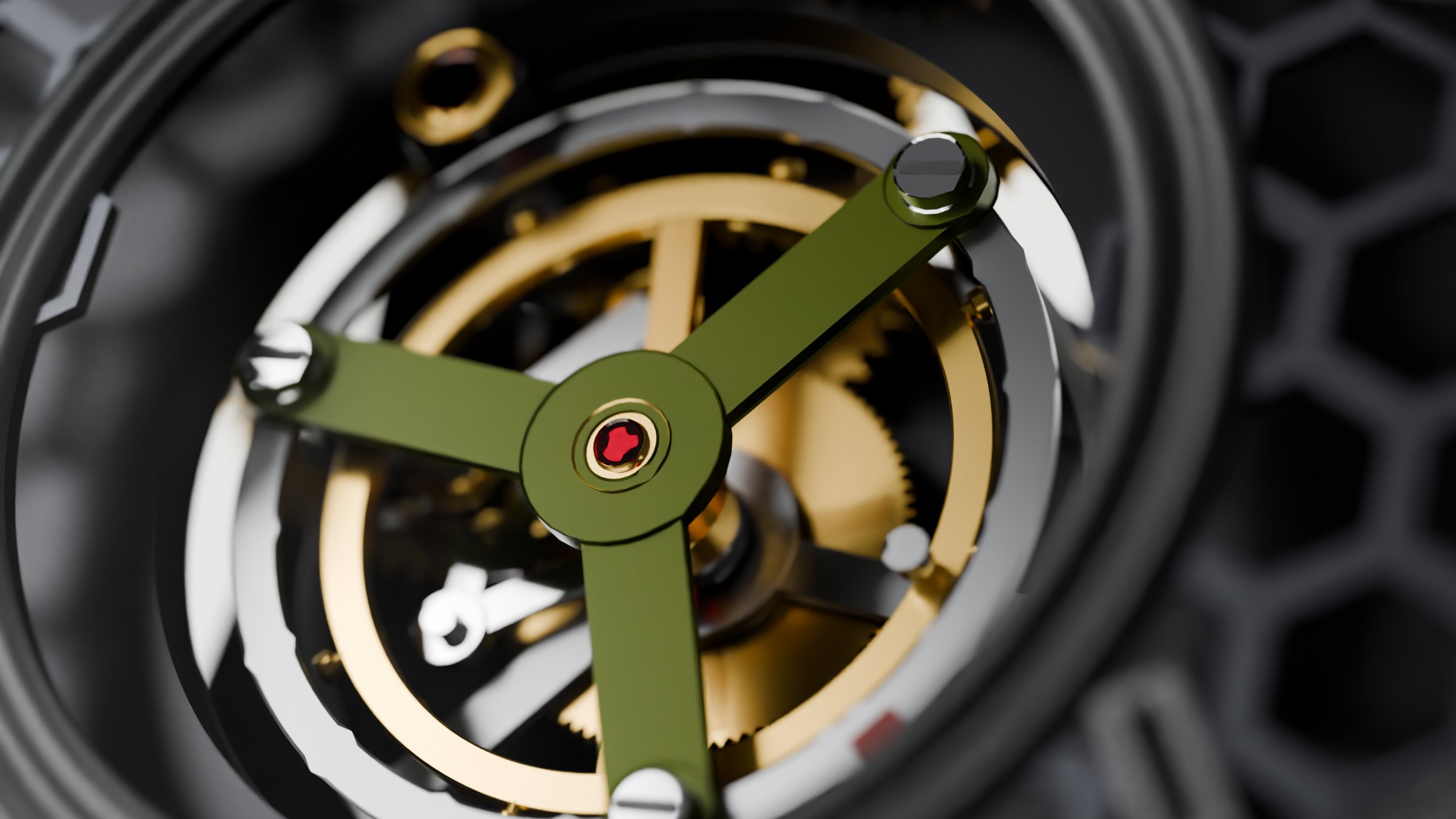 Close-up of the tourbillon cage: a three-armed lime top bridge with a red jewel at its hub over a gilt balance wheel, steel pillars and the escape wheel.